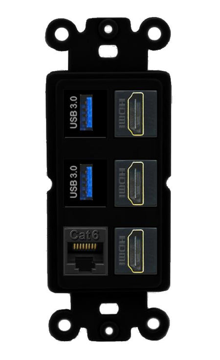 RiteAV 3 Port HDMI 2 Port USB 3.0 1 CAT6-RJ45 Wall Plate - Rocker [Black/Black]