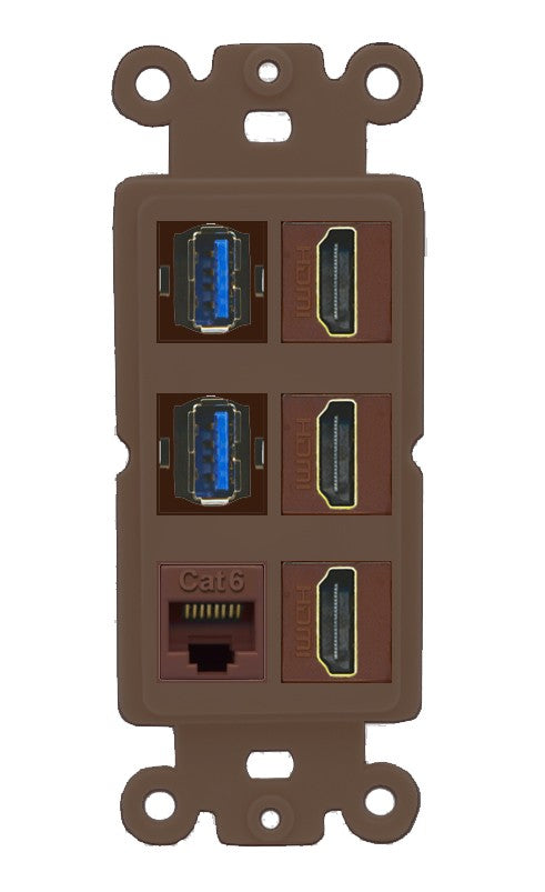 RiteAV 3 Port HDMI 2 Port USB 3.0 1 CAT6-RJ45 Wall Plate - Rocker [Brown/Brown]