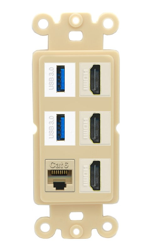 RiteAV 3 Port HDMI 2 Port USB 3.0 1 CAT6-RJ45 Wall Plate - Rocker [Ivory/Ivory]