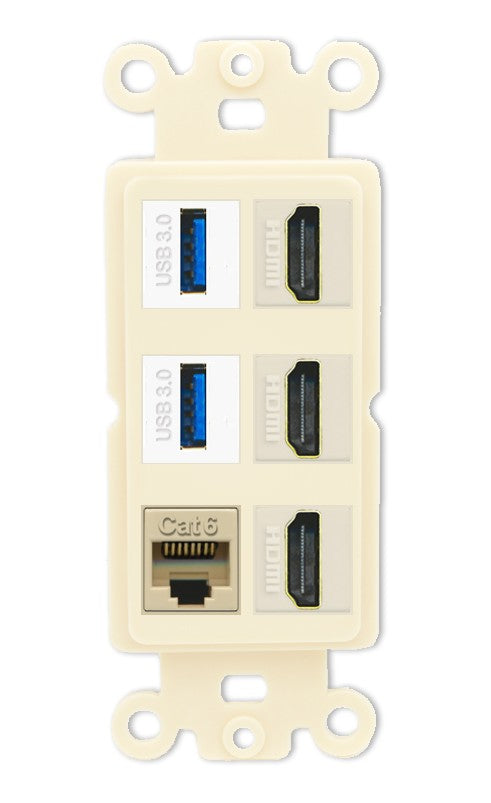 RiteAV 3 Port HDMI 2 Port USB 3.0 1 CAT6-RJ45 Wall Plate - Rocker [Light-Almond]