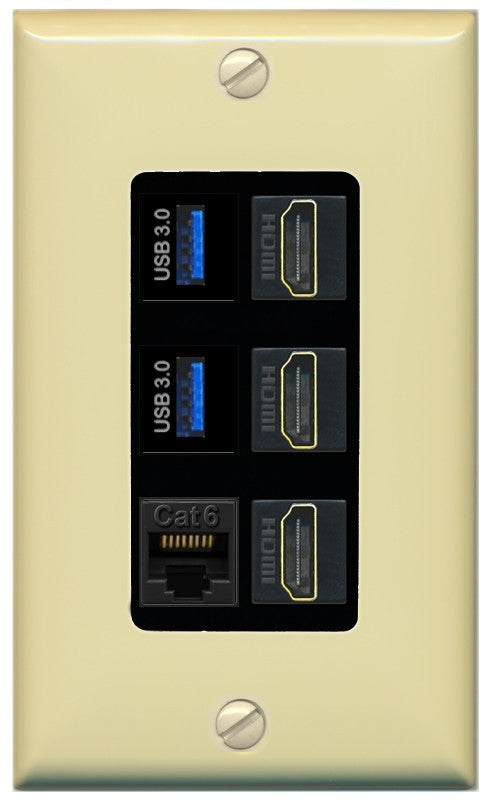 RiteAV 3 Port HDMI 2 Port USB 3.0 1 CAT6-RJ45 Wall Plate - 1 Gang Decorative [Ivory/Black]