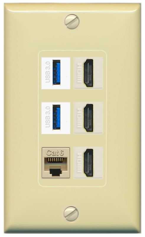 RiteAV 3 Port HDMI 2 Port USB 3.0 1 CAT6-RJ45 Wall Plate - 1 Gang Decorative [Ivory/Ivory]