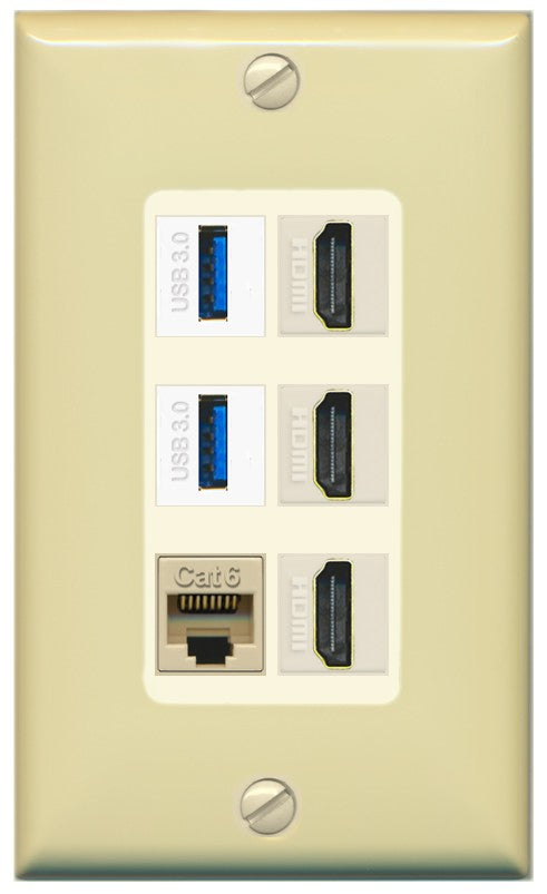 RiteAV 3 Port HDMI 2 Port USB 3.0 1 CAT6-RJ45 Wall Plate - 1 Gang Decorative [Ivory/Light-Almond]