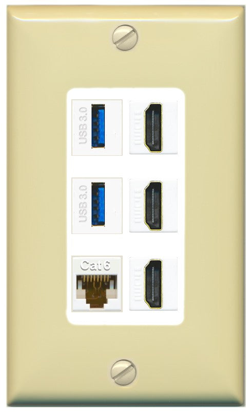 RiteAV 3 Port HDMI 2 Port USB 3.0 1 CAT6-RJ45 Wall Plate - 1 Gang Decorative [Ivory/White]
