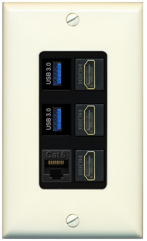 RiteAV 3 Port HDMI 2 Port USB 3.0 1 CAT6-RJ45 Wall Plate - 1 Gang Decorative [Light-Almond/Black]