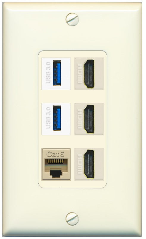 RiteAV 3 Port HDMI 2 Port USB 3.0 1 CAT6-RJ45 Wall Plate - 1 Gang Decorative [Light-Almond]