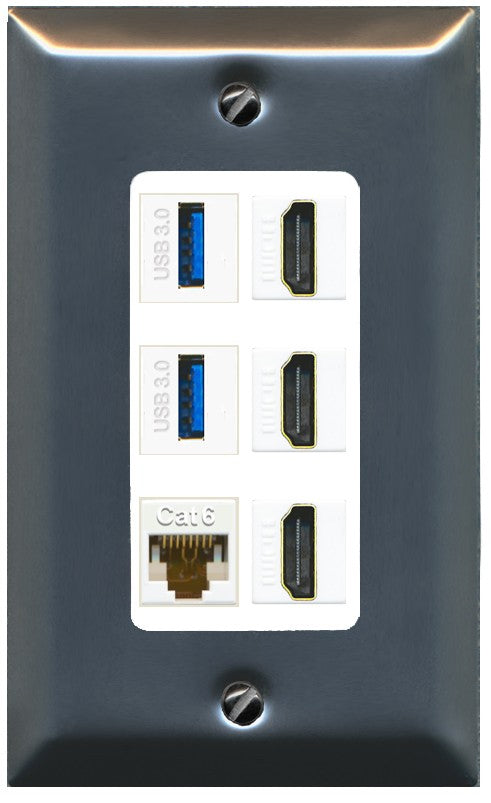 RiteAV 3 Port HDMI 2 Port USB 3.0 1 CAT6-RJ45 Wall Plate - 1 Gang Decorative [Brushed-Nickel/White]