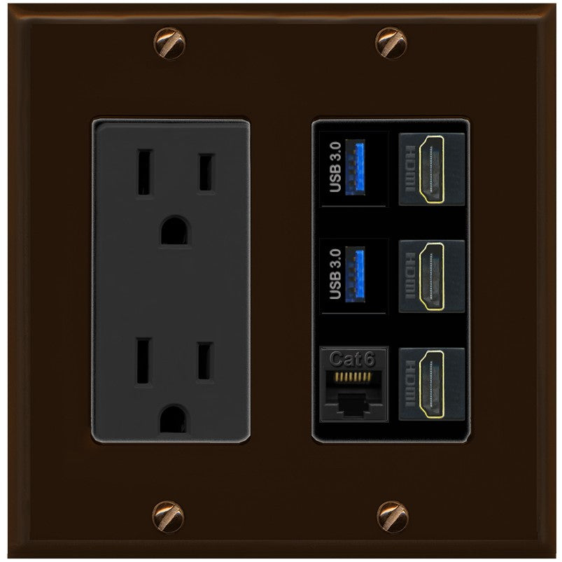 RiteAV 3 Port HDMI 2 Port USB 3.0 1 CAT6-RJ45 Wall Plate - Outlet [Brown/Black]
