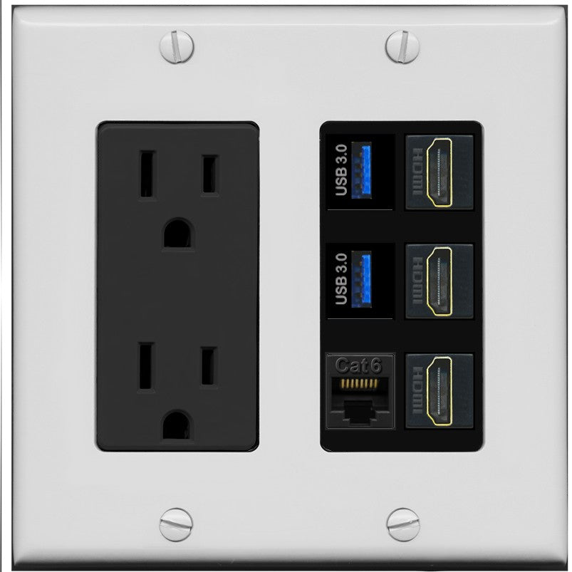 RiteAV 3 Port HDMI 2 Port USB 3.0 1 CAT6-RJ45 Wall Plate - Outlet [Gray/Black]