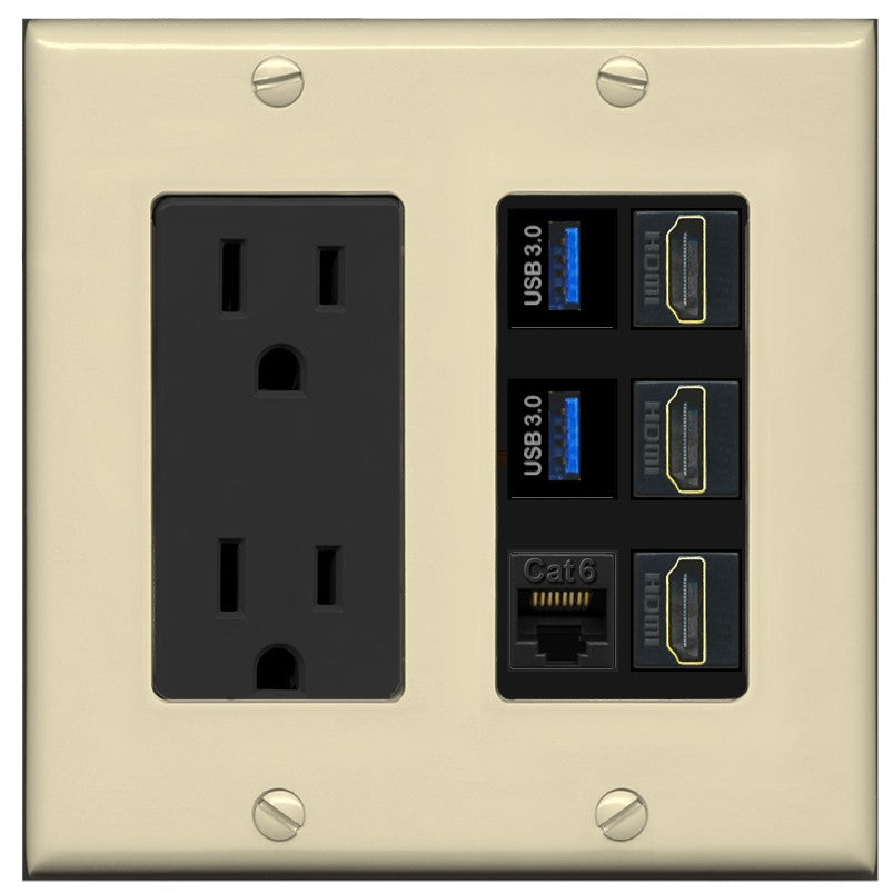 RiteAV 3 Port HDMI 2 Port USB 3.0 1 CAT6-RJ45 Wall Plate - Outlet [Ivory/Black]