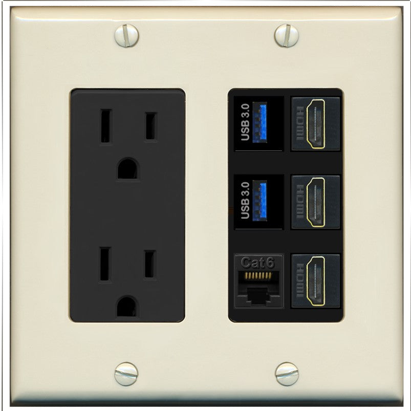 RiteAV 3 Port HDMI 2 Port USB 3.0 1 CAT6-RJ45 Wall Plate - Outlet [Light-Almond/Black]