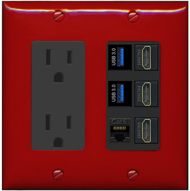 RiteAV 3 Port HDMI 2 Port USB 3.0 1 CAT6-RJ45 Wall Plate - Outlet [Red/Black]