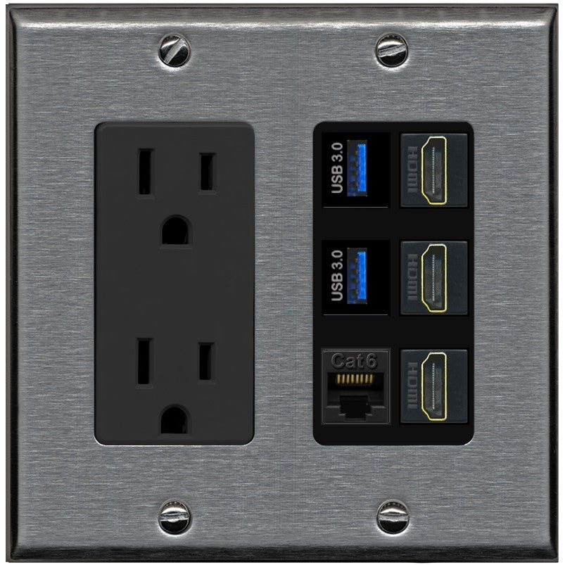 RiteAV 3 Port HDMI 2 Port USB 3.0 1 CAT6-RJ45 Wall Plate - Outlet [Stainless/Black]
