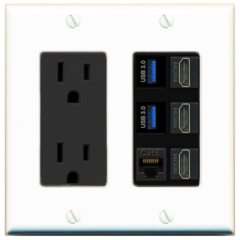 RiteAV 3 Port HDMI 2 Port USB 3.0 1 CAT6-RJ45 Wall Plate - Outlet [White/Black]