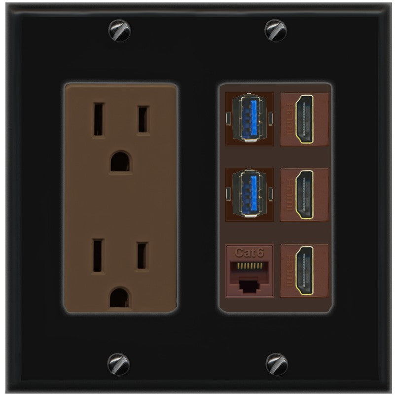 RiteAV 3 Port HDMI 2 Port USB 3.0 1 CAT6-RJ45 Wall Plate - Outlet [Black/Brown]