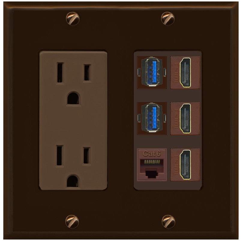 RiteAV 3 Port HDMI 2 Port USB 3.0 1 CAT6-RJ45 Wall Plate - Outlet [Brown/Brown]