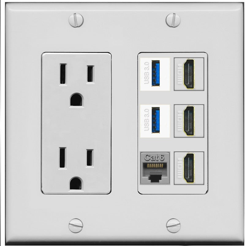 RiteAV 3 Port HDMI 2 Port USB 3.0 1 CAT6-RJ45 Wall Plate - Outlet [Gray/Gray]