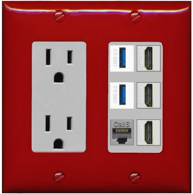 RiteAV 3 Port HDMI 2 Port USB 3.0 1 CAT6-RJ45 Wall Plate - Outlet [Red/Gray]