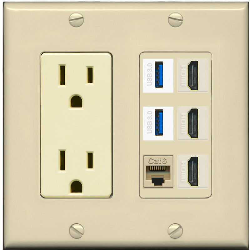 RiteAV 3 Port HDMI 2 Port USB 3.0 1 CAT6-RJ45 Wall Plate - Outlet [Ivory/Ivory]