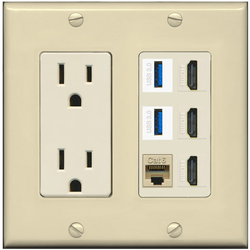 RiteAV 3 Port HDMI 2 Port USB 3.0 1 CAT6-RJ45 Wall Plate - Outlet [Ivory/Light-Almond]