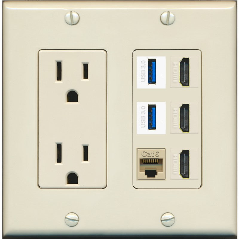 RiteAV 3 Port HDMI 2 Port USB 3.0 1 CAT6-RJ45 Wall Plate - Outlet [Light-Almond]