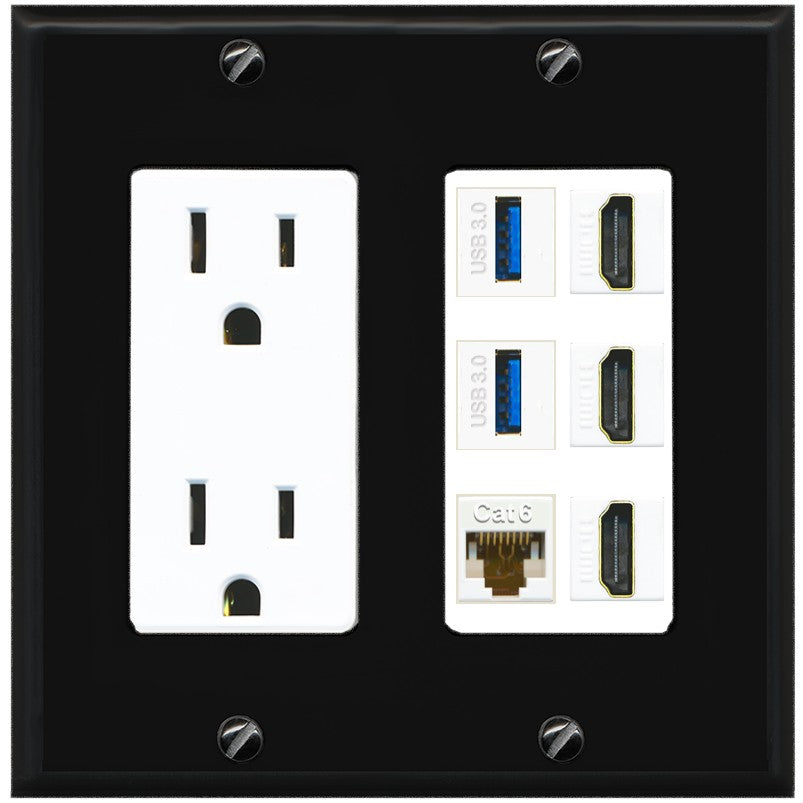 RiteAV 3 Port HDMI 2 Port USB 3.0 1 CAT6-RJ45 Wall Plate - Outlet [Black/White]