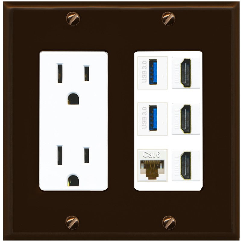 RiteAV 3 Port HDMI 2 Port USB 3.0 1 CAT6-RJ45 Wall Plate - Outlet [Brown/White]