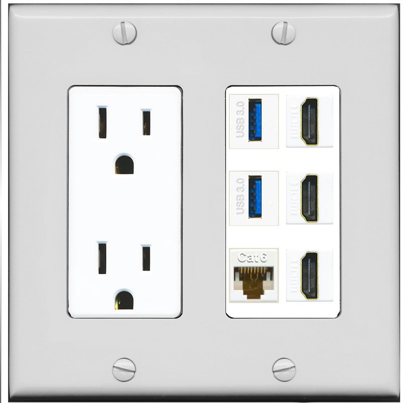 RiteAV 3 Port HDMI 2 Port USB 3.0 1 CAT6-RJ45 Wall Plate - Outlet [Gray/White]
