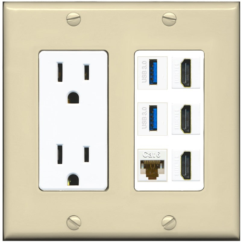 RiteAV 3 Port HDMI 2 Port USB 3.0 1 CAT6-RJ45 Wall Plate - Outlet [Ivory/White]