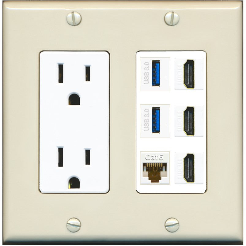 RiteAV 3 Port HDMI 2 Port USB 3.0 1 CAT6-RJ45 Wall Plate - Outlet [Light-Almond/White]