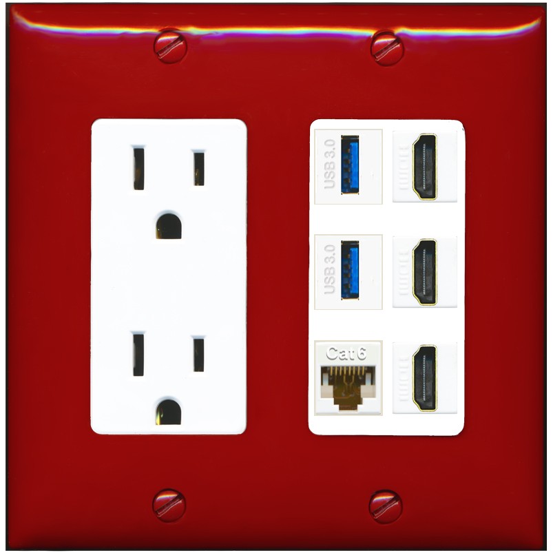RiteAV 3 Port HDMI 2 Port USB 3.0 1 CAT6-RJ45 Wall Plate - Outlet [Red/White]
