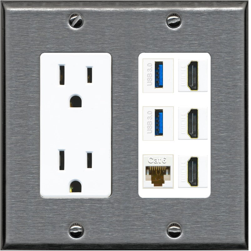 RiteAV 3 Port HDMI 2 Port USB 3.0 1 CAT6-RJ45 Wall Plate - Outlet [Stainless/White]