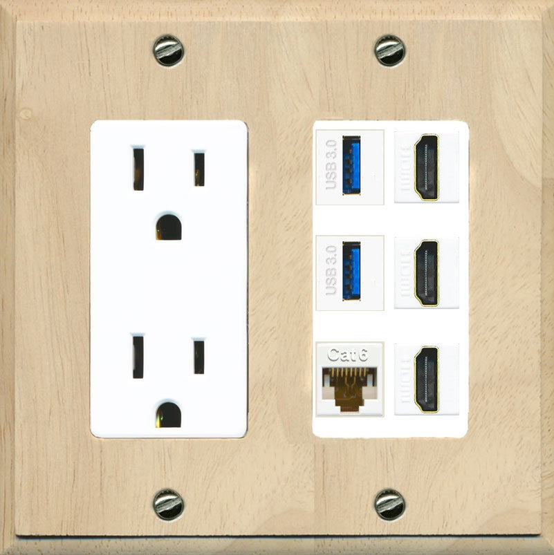 RiteAV 3 Port HDMI 2 Port USB 3.0 1 CAT6-RJ45 Wall Plate - Outlet [Wood/White]