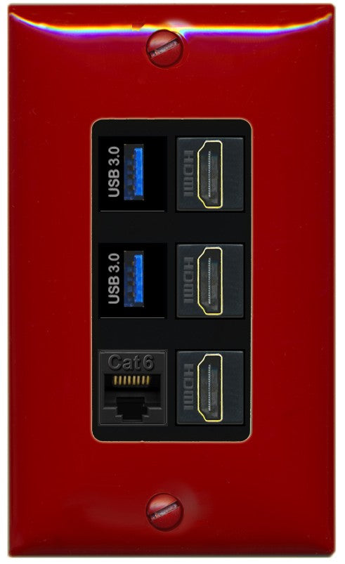 RiteAV 3 Port HDMI 2 Port USB 3.0 1 CAT6-RJ45 Wall Plate - 1 Gang Decorative [Red/Black]