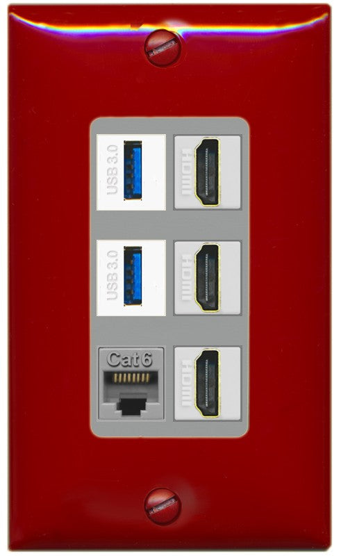 RiteAV 3 Port HDMI 2 Port USB 3.0 1 CAT6-RJ45 Wall Plate - 1 Gang Decorative [Red/Gray]