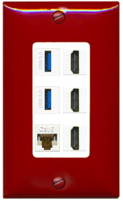 RiteAV 3 Port HDMI 2 Port USB 3.0 1 CAT6-RJ45 Wall Plate - 1 Gang Decorative [Red/White]