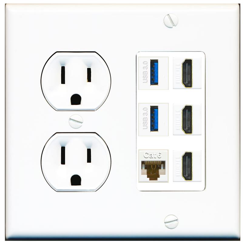RiteAV 3 Port HDMI 2 Port USB 3.0 1 CAT6-RJ45 Wall Plate - Round Outlet [White]