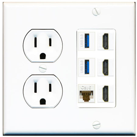 RiteAV 3 Port HDMI 2 Port USB 3.0 1 CAT6-RJ45 Wall Plate - Round Outlet [White]