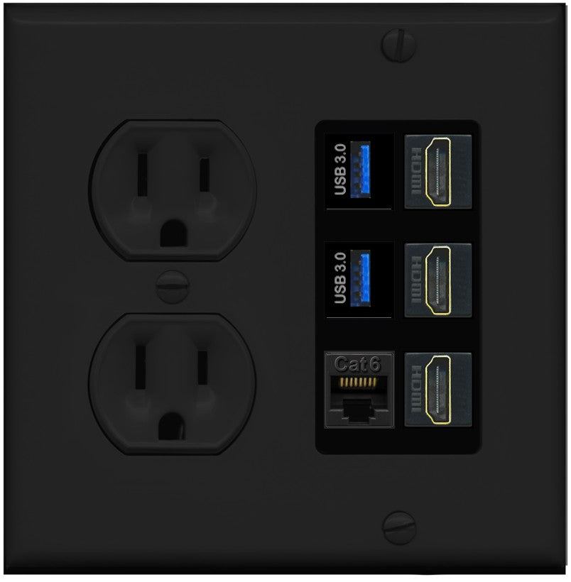 RiteAV 3 Port HDMI 2 Port USB 3.0 1 CAT6-RJ45 Wall Plate - Round Outlet [Black/Black]