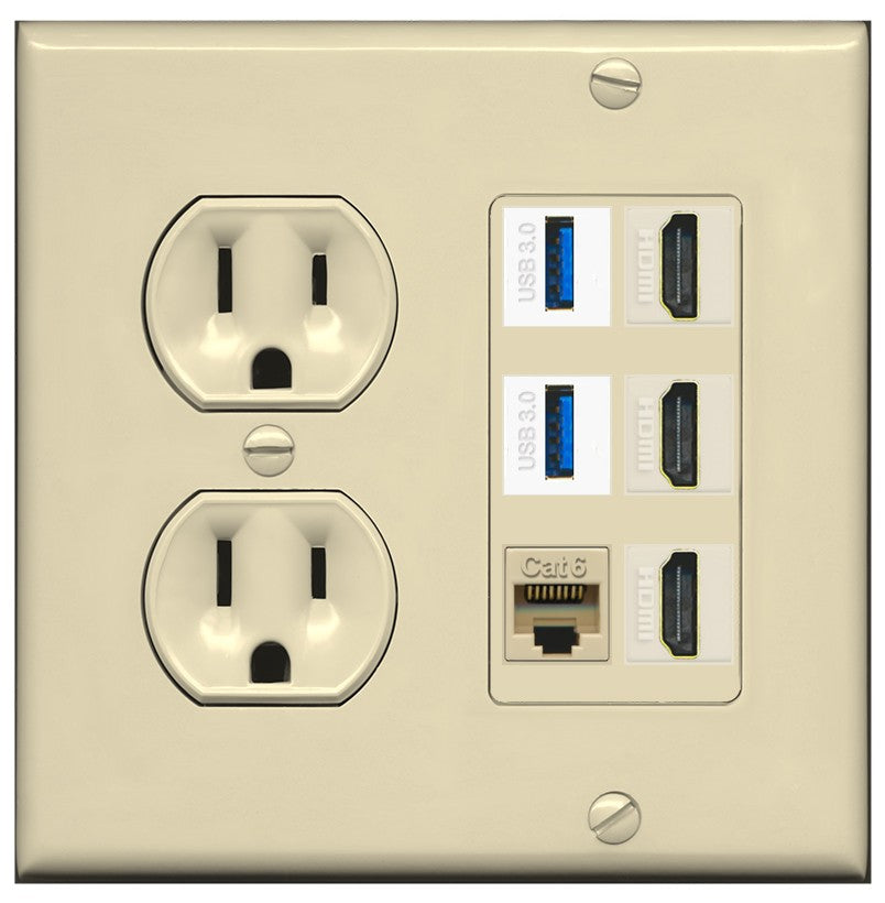 RiteAV 3 Port HDMI 2 Port USB 3.0 1 CAT6-RJ45 Wall Plate - Round Outlet [Ivory/Ivory]