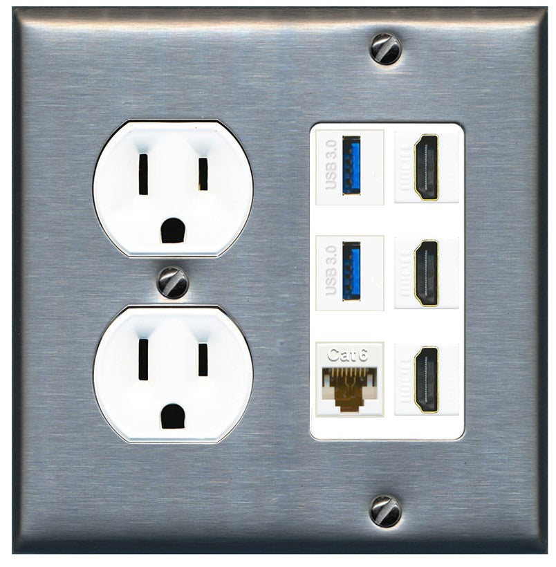RiteAV 3 Port HDMI 2 Port USB 3.0 1 CAT6-RJ45 Wall Plate - Round Outlet [Stainless/White]