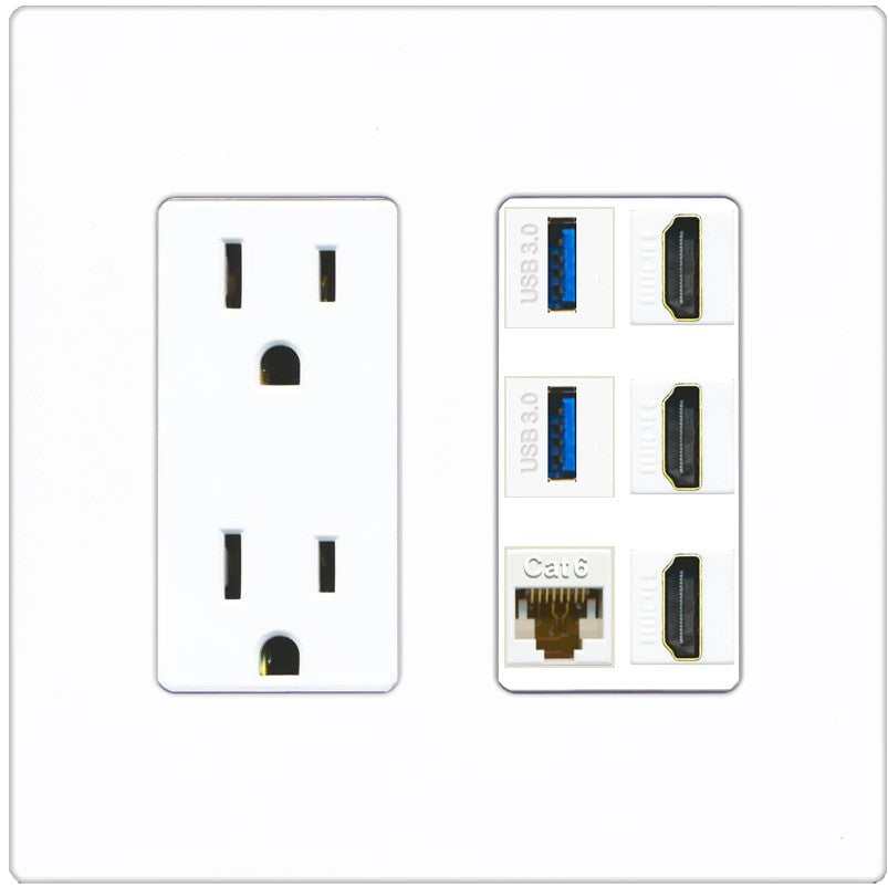 RiteAV 3 Port HDMI 2 Port USB 3.0 1 CAT6-RJ45 Wall Plate - Outlet [Screwless White]