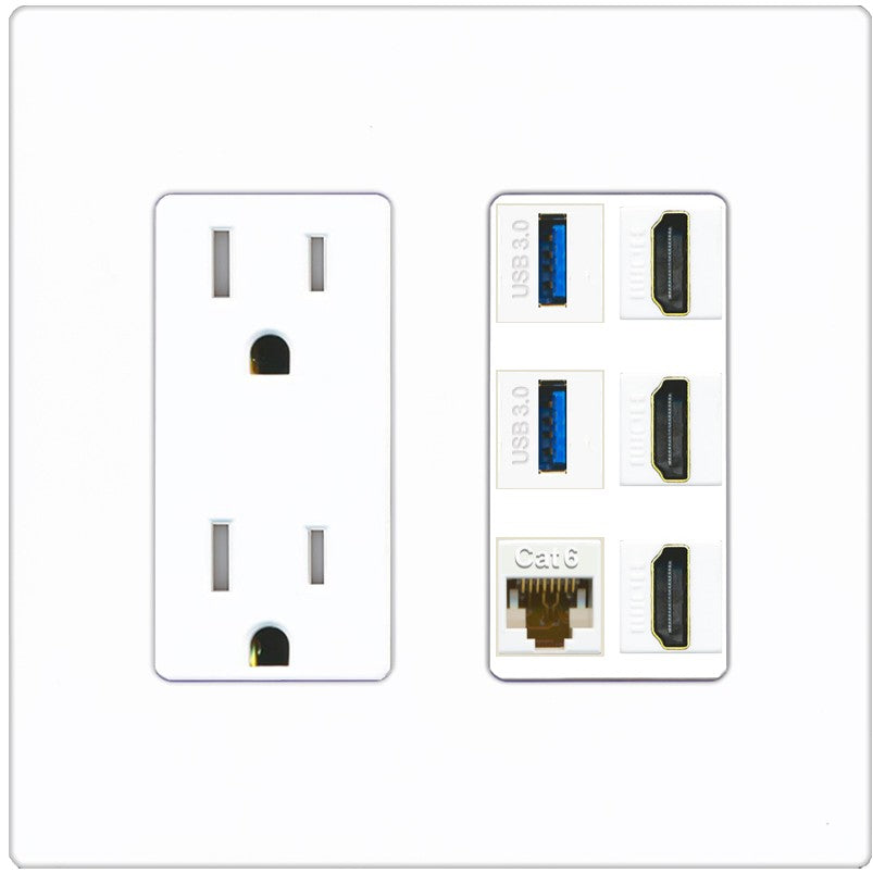 RiteAV 3 Port HDMI 2 Port USB 3.0 1 CAT6-RJ45 Wall Plate - Tamper-Resistant Outlet [Screwless White]