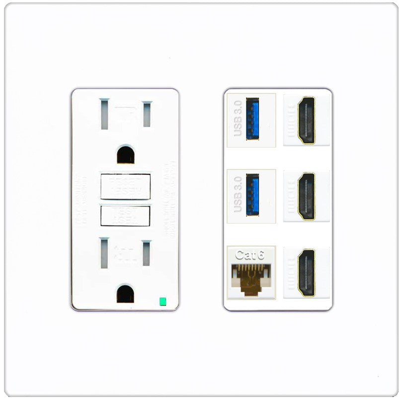 RiteAV 3 Port HDMI 2 Port USB 3.0 1 CAT6-RJ45 Wall Plate - GFCI Outlet [Screwless White]