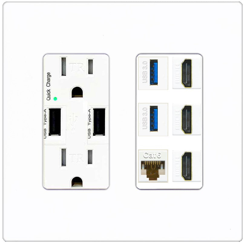 RiteAV 3 Port HDMI 2 Port USB 3.0 1 CAT6-RJ45 Wall Plate - USB Outlet [Screwless White]