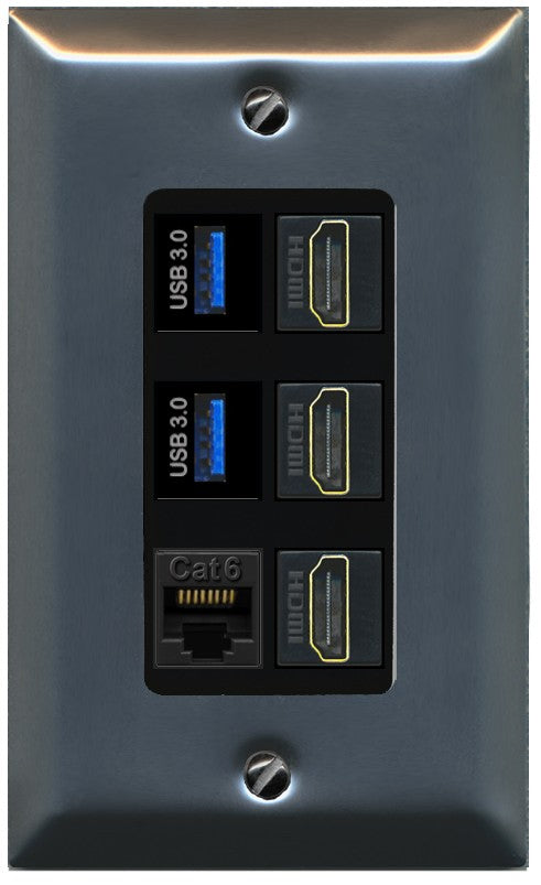 RiteAV 3 Port HDMI 2 Port USB 3.0 1 CAT6-RJ45 Wall Plate - 1 Gang Decorative [Stainless/Black]