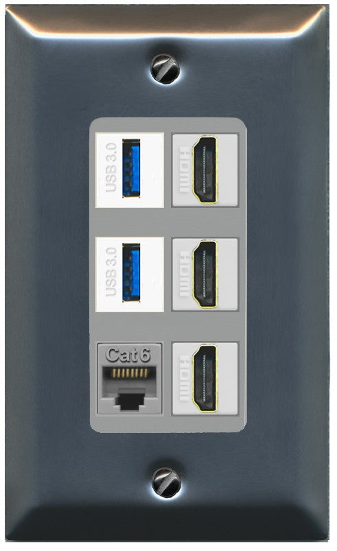 RiteAV 3 Port HDMI 2 Port USB 3.0 1 CAT6-RJ45 Wall Plate - 1 Gang Decorative [Stainless/Gray]