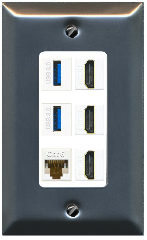 RiteAV 3 Port HDMI 2 Port USB 3.0 1 CAT6-RJ45 Wall Plate - 1 Gang Decorative [Stainless/White]