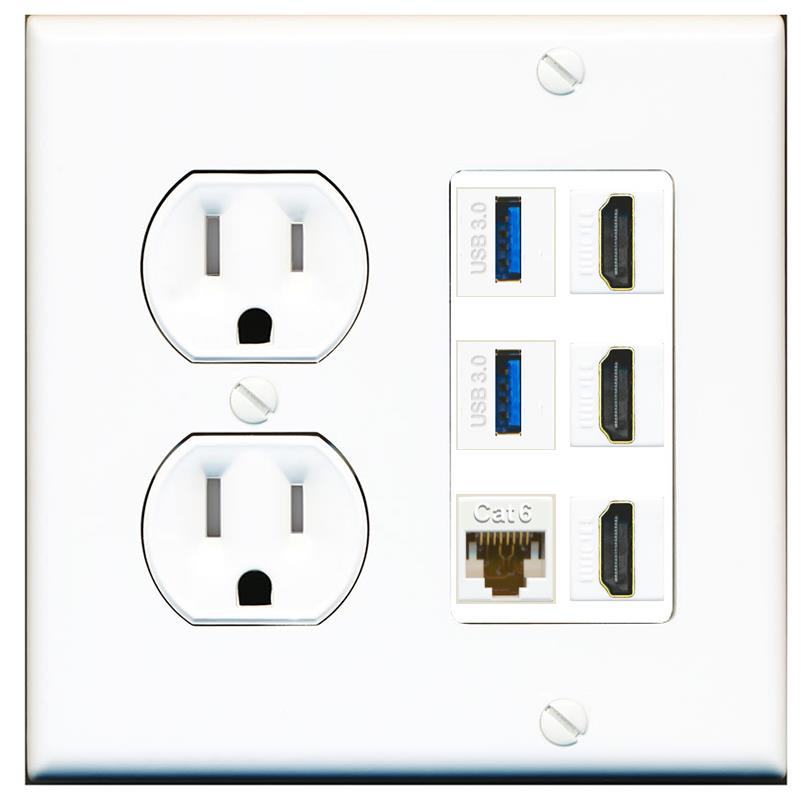 RiteAV 3 Port HDMI 2 Port USB 3.0 1 CAT6-RJ45 Wall Plate - Tamper Proof [White]