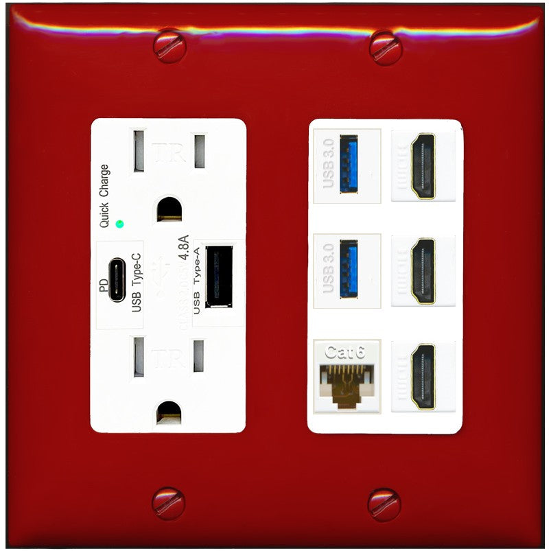 RiteAV 3 Port HDMI 2 Port USB 3.0 1 CAT6-RJ45 Wall Plate - USB A+C Outlet [Red/White]